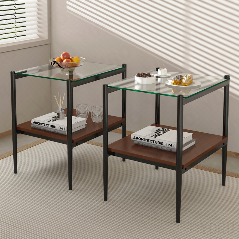 Set Of 2 Rectangle End Table, Tempered Glass Tabletop With MDF Layer, Modern Table For Living Room - Transparent Glass