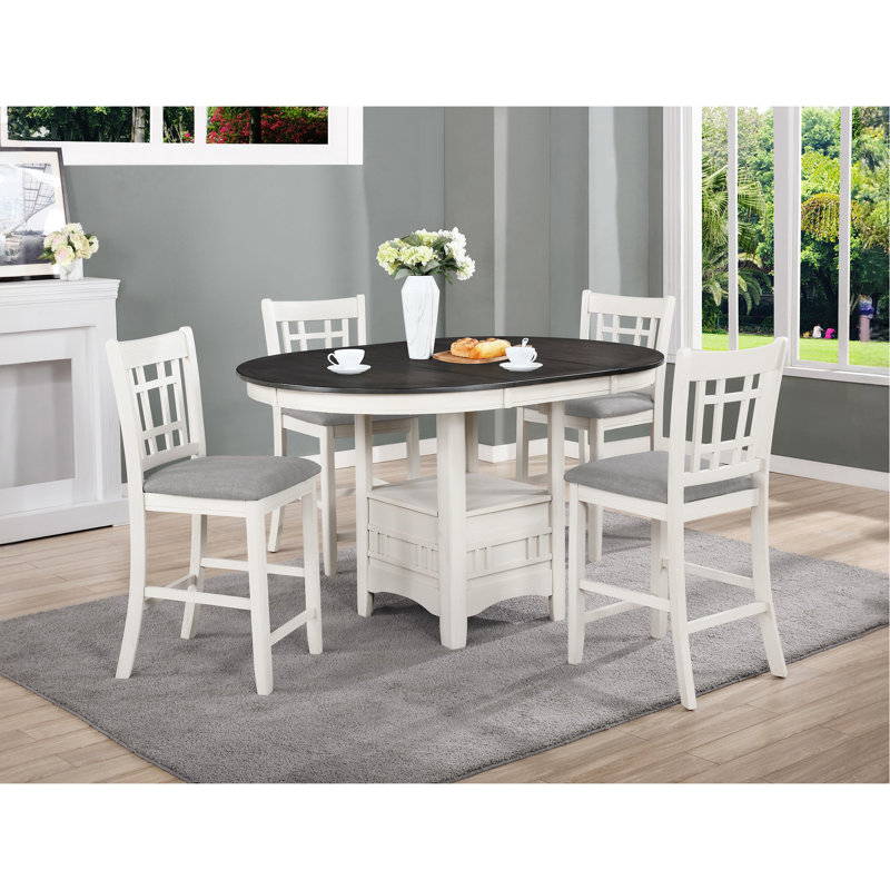 Table de salle à manger ovale décontractée, hauteur comptoir, extensible avec rangement, couleur gris craie, pouvant accueillir 4 personnes, avec une rallonge de 45,7 cm (18 po), finition bicolore grise.