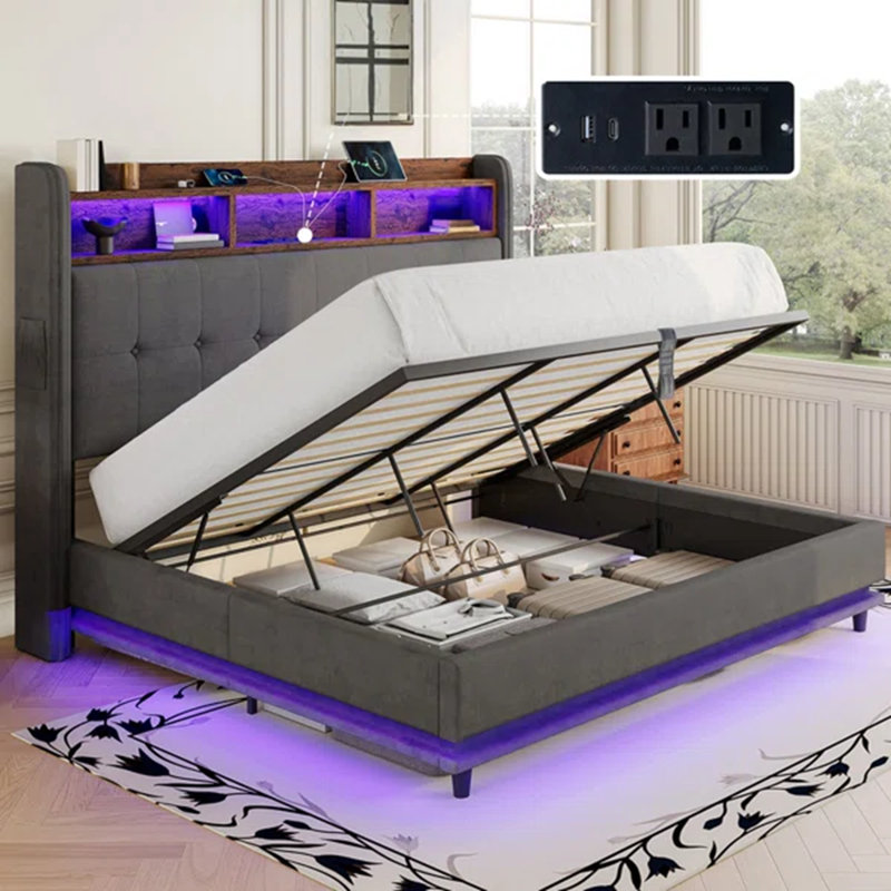  Lit escamotable avec rangement et tête de lit à DEL, Grand, Gris foncé
