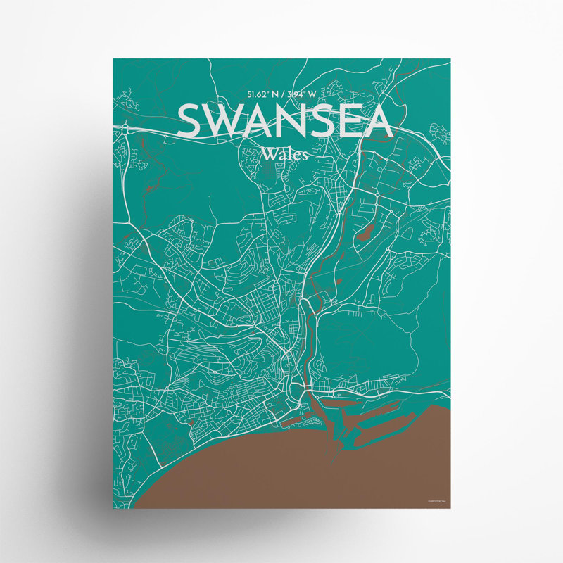 Swansea City Map, impression, H 24 po x l 18 po, Vert / Brun