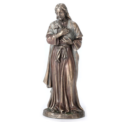 6.3 in H Jesus Holding a Lamb Figurine Poly Resin, Bronze