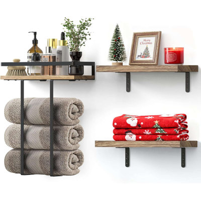 16 Inch Solid Wood Wall Mounted Floating Shelves, Towel Racks For Bathroom, Decorative Organizer For Bedroom, Kitchen, Living Room, Carbonized Wood Color