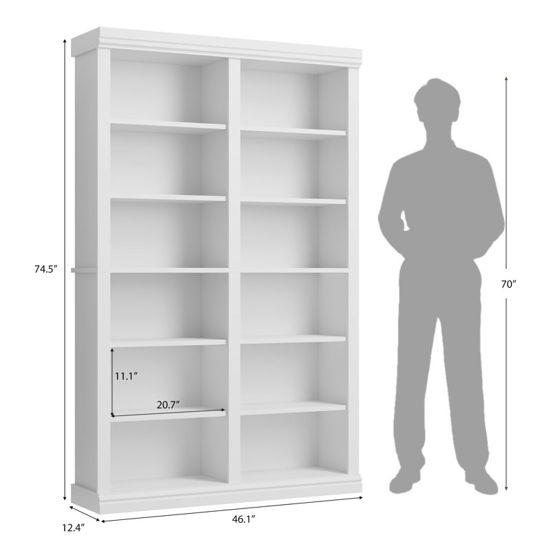 74.5-in Tall 6-Tier Double Wide Bookshelf with 12 Cubbies, Extra Large Wood Bookcase for Living Room Office, White