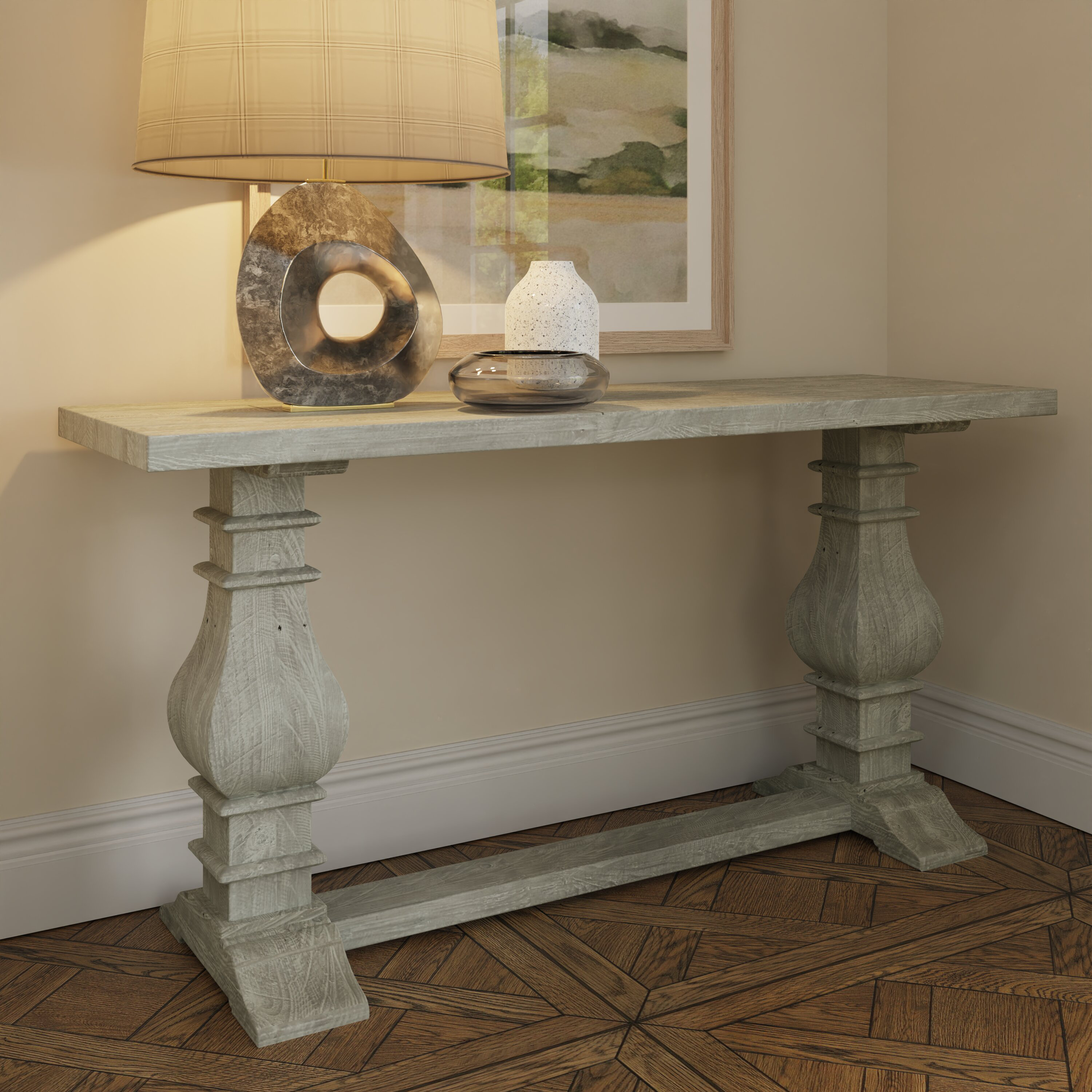 Alivia 140Cm Solid Wood Console Table Distressed Reclaimed Limewashed Pine
