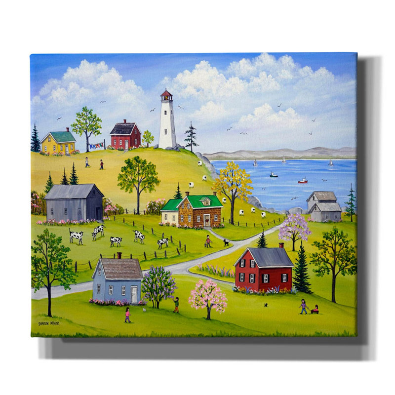«Phare, lilas et lupins sur toile» par Sharon Mark, H 26 po x l 30 po x P 1,5 po