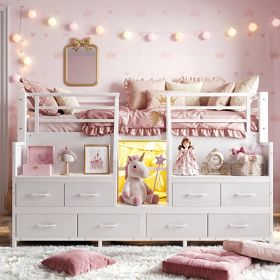 Lit mezzanine bas en métal avec lumières intégrées, tiroirs en tissu et tablettes de rangement, espace privé sous le lit, sans sommier requis, blanc