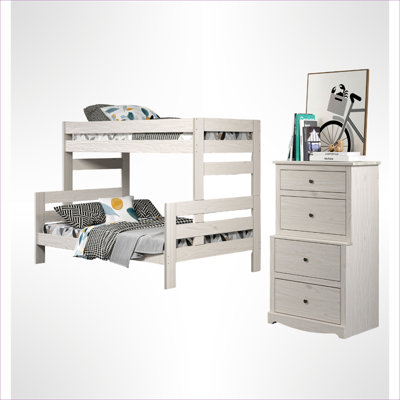 Rustic plank style classic white solid wood twin bunk bed for small shared kids and guest bedrooms