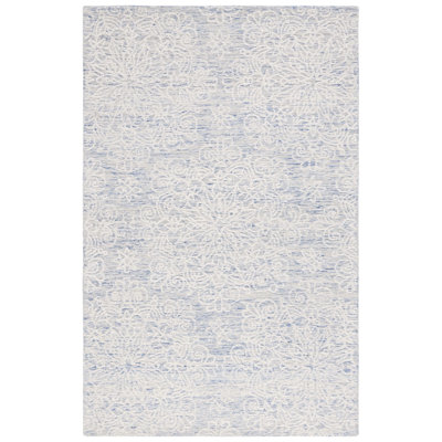 Tapis floral bleu / ivoire en laine / coton touffeté à la main Gosha