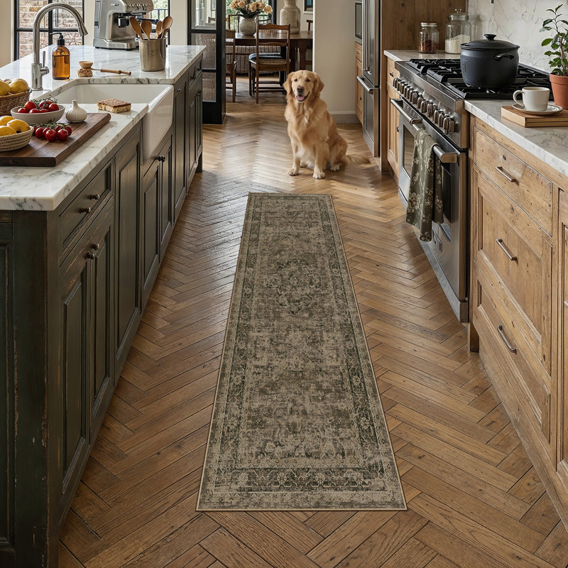 Tapis oriental délavé à la machine avec envers antidérapant Asteria, Brun, Tapis de couloir 2 pi x 8 pi