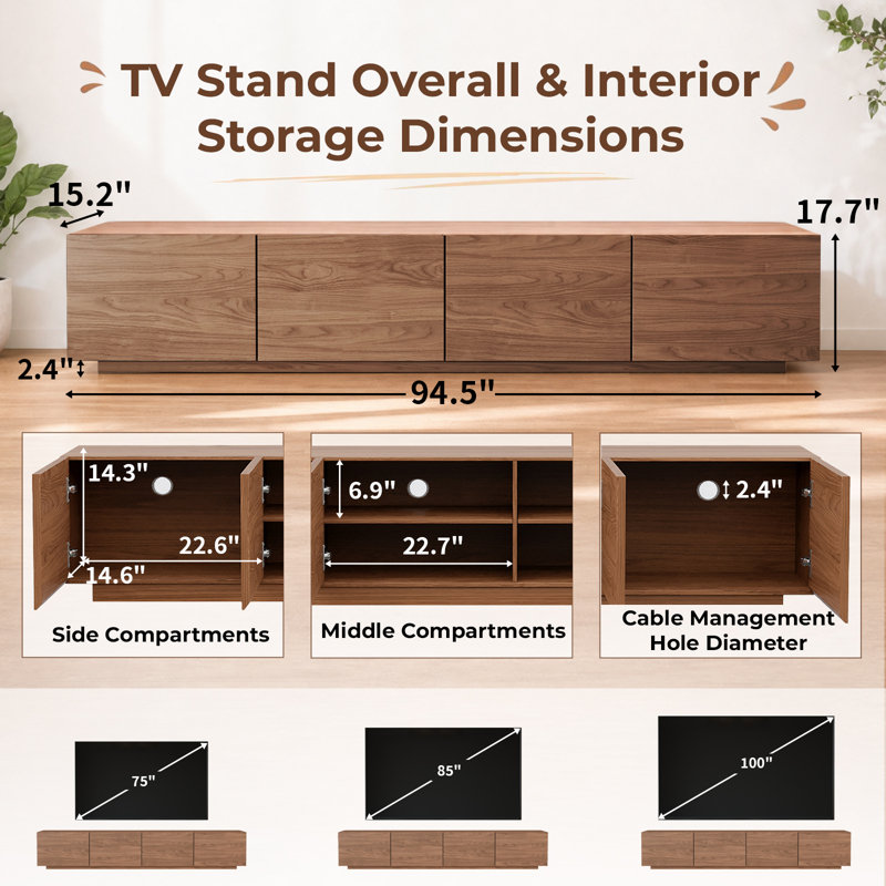 Modern 94.5 Inch TV Stand With 4 Storage Cabinets, 17.7” H x 94.5” L x 15.2” W