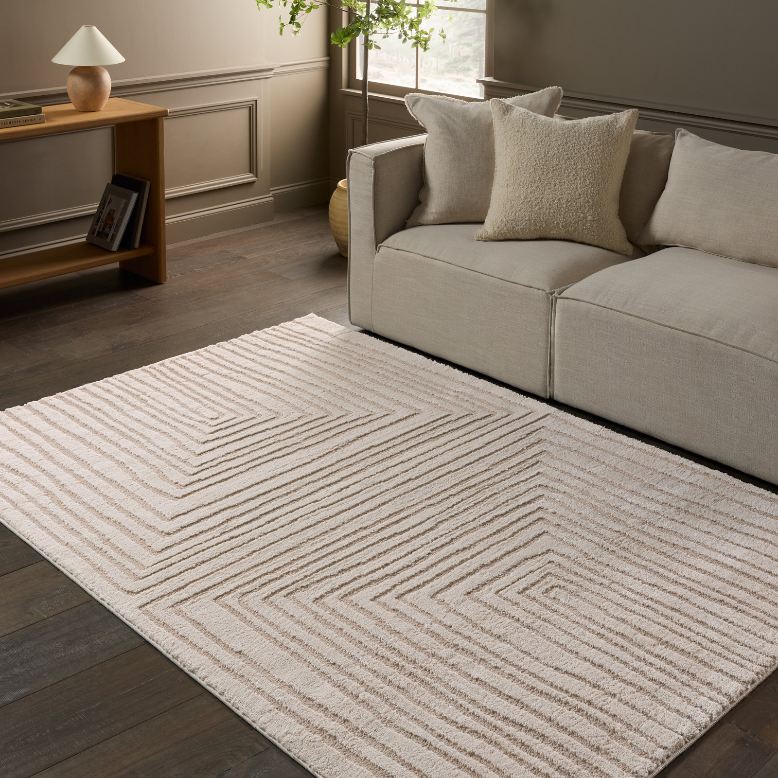 Quillan Ivory Beige Striped Rug, Rectangle 10' x 14'