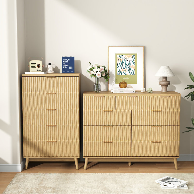 Ensemble de chambre à coucher 2 pièces Water Ripple: commode large 9 tiroirs et commode haute 5 tiroirs, Crème