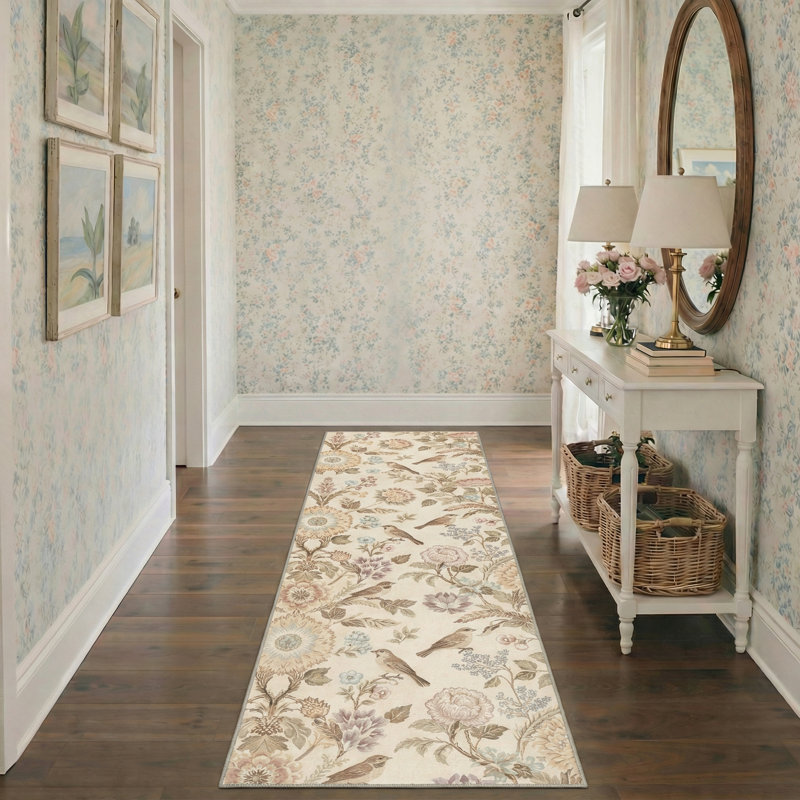 Aura Floral Machine Washable Beige Indoor Area Rug with Non-Slip Backing, Runner 2'6" x 8'