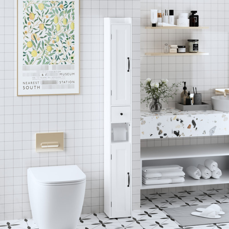 Armoire de salle de bain autoportante 69,9 po de haut 69 po à 2 portes avec 3 tablettes réglables, un plateau, des compartiments ouverts, blanc pour la salle de bain, la cuisine et le bureau