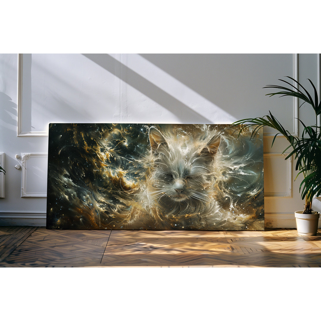 Wandbild 120x60cm Weiße Katze Energie Mystisch Kunstvoll Universum