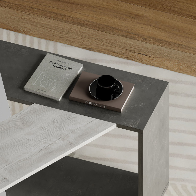 Modern Geometric Coffee Table with Open Shelf and Angular Design, White/Retro Gray/Ancient White