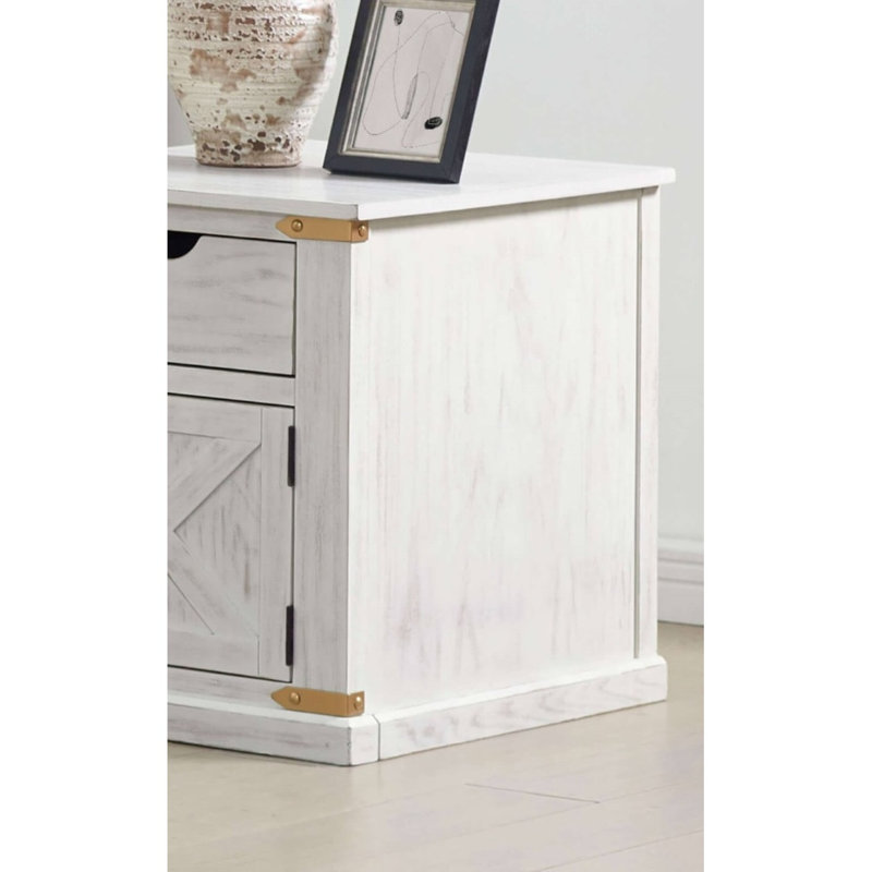 Table de bout à 1 tiroir de rangement de style rustique avec ornements en or blanc antique