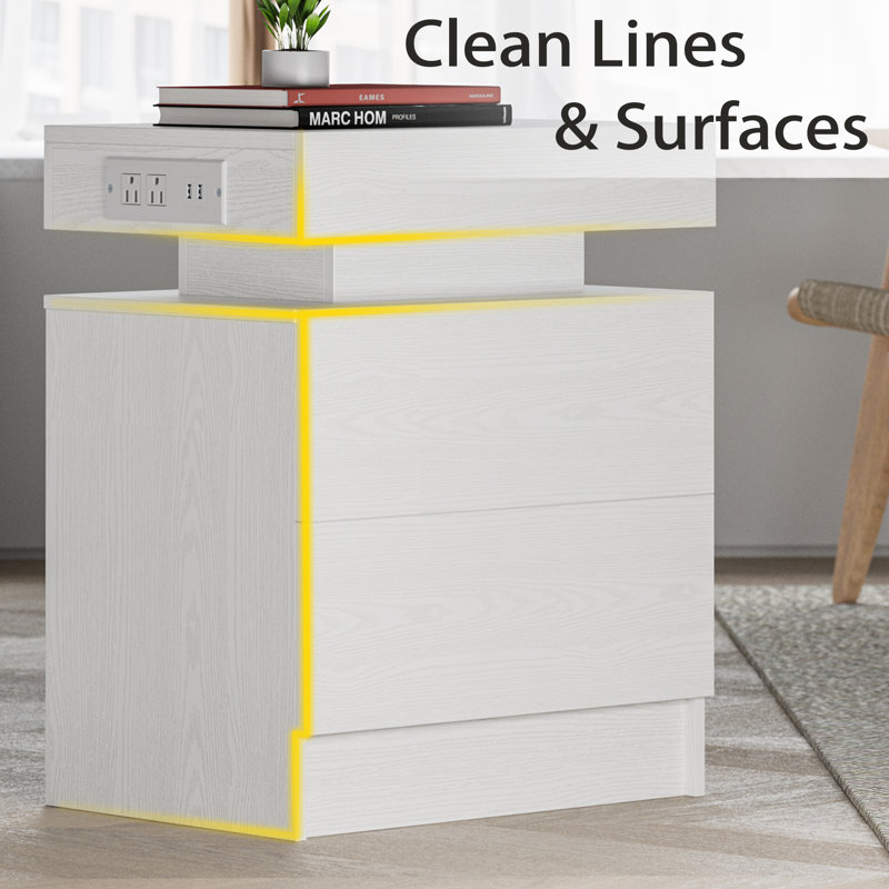Westerly Modern Style Wooden Nightstand with LED Light and Storage Drawers, White