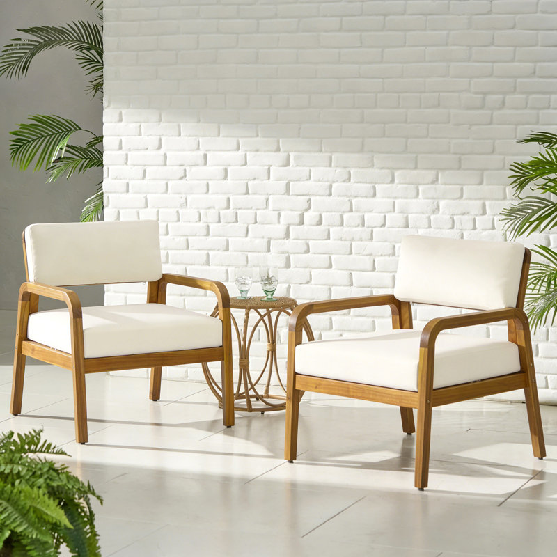 Fauteuil d'extérieur en bois d'acacia avec coussins résistants aux intempéries, chaise longue de patio avec coussins à fermeture velcro pour porche, terrasse, bord de piscine (ensemble de 2)