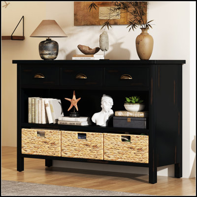 Console rétro avec 3 tiroirs de rangement et paniers tissés, entrée en bois durable pour les couloirs et les salons