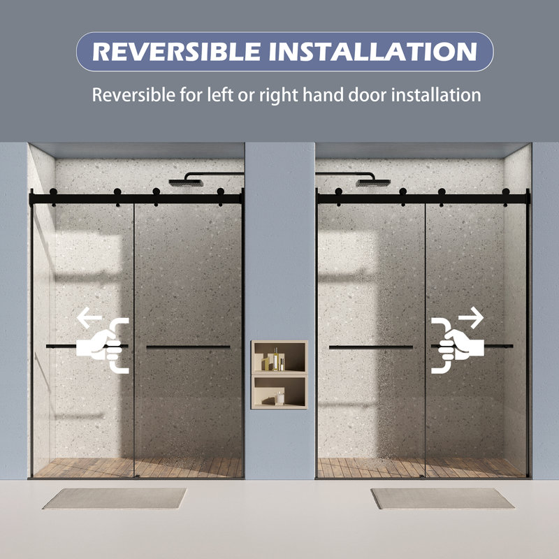 Porte de douche coulissante double en verre trempé sans cadre Yingze 44-48 po x 75 po, avec fermeture amortie et largeur ajustable, noir mat