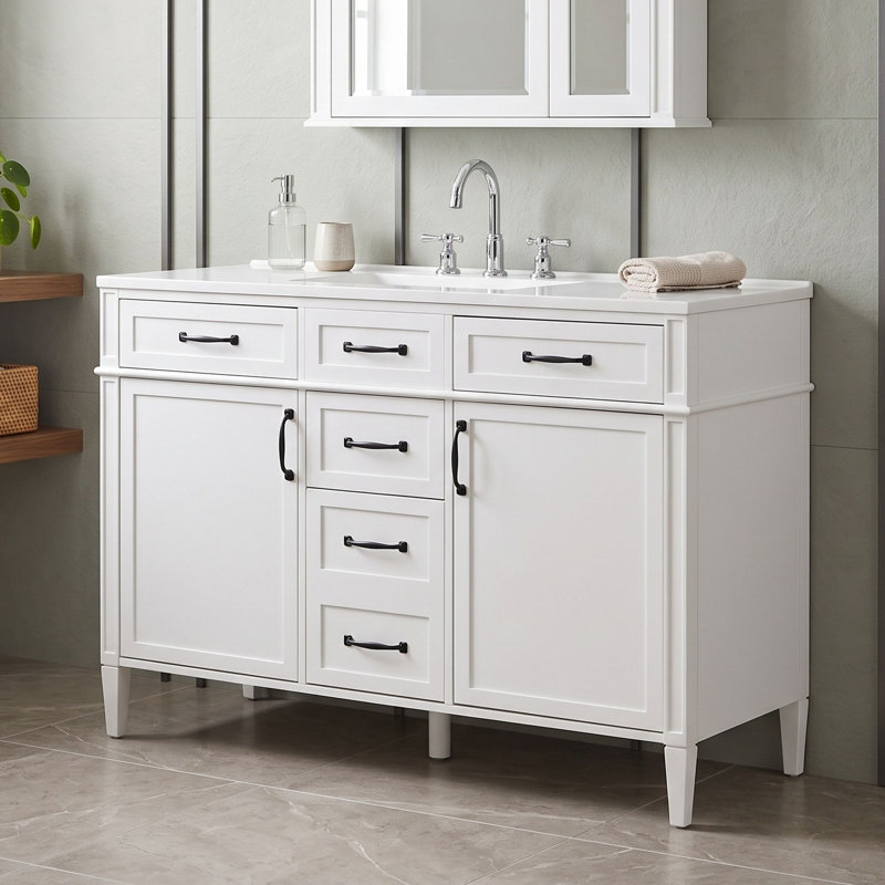 Meuble-lavabo autoportant avec comptoir intégré en composite, tablettes réglables et charnières à fermeture en douceur, White