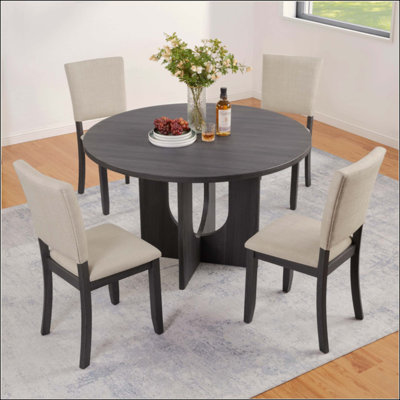 Round Dining Set With 4 Upholstered Dining Chairs, Modern Round Dining Table Set For 4, 5-Piece Round Dining Table Set For Living Room, Kitchen