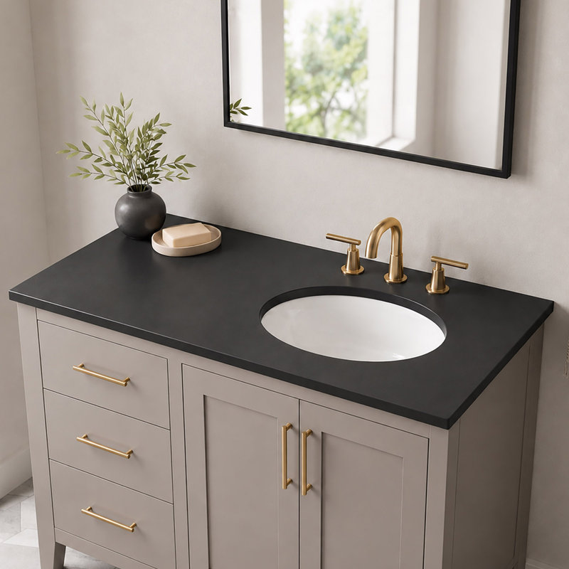 Plateau en quartz gris 37 po avec lavabo simple en céramique blanche - droite, Gris