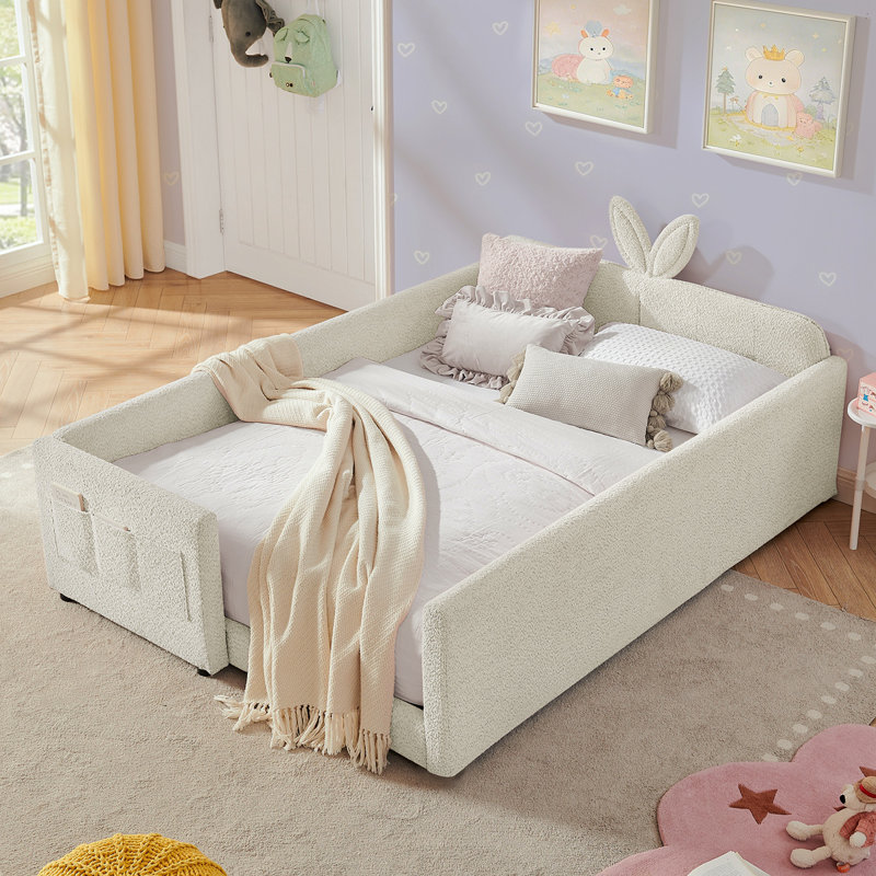 Full Size Upholstered Platform Bed With Cute Rabbit Ear Shaped Headboard, With Safety Rail And Pocket, Boucle Fabric, Beige