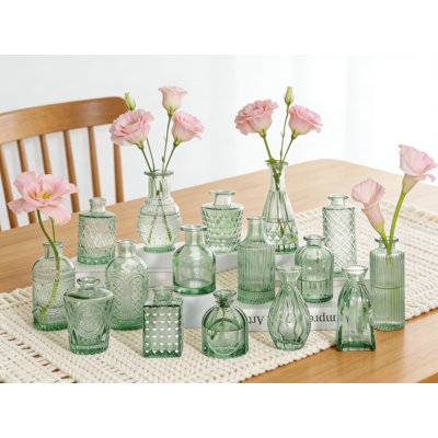 Set Of 16 Green Glass Bud Vases, Vintage Etched Mini Vases For Table Centerpieces, Wedding Decor, And Home Decoration
