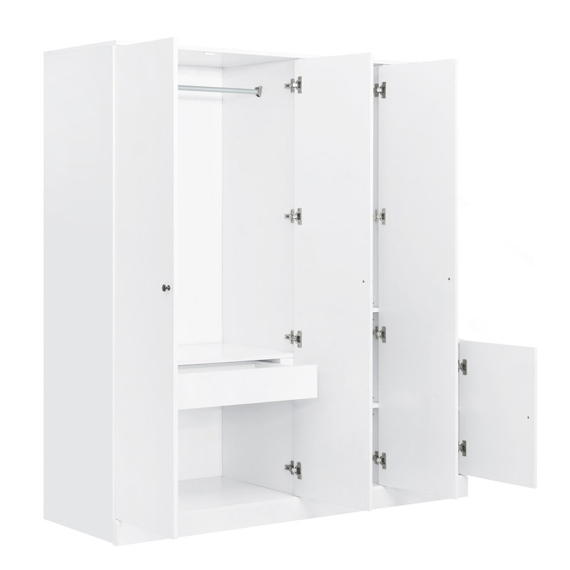Armoire 4 portes avec tablettes, tiroirs et miroir pleine grandeur , Blanc