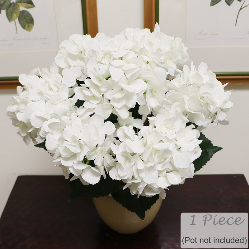 Hortensia buisson de 20 pouces de hauteur avec 7 têtes de vadrouille blanches, buisson réaliste, faux floral pour les arrangements de vase et la décoration intérieure