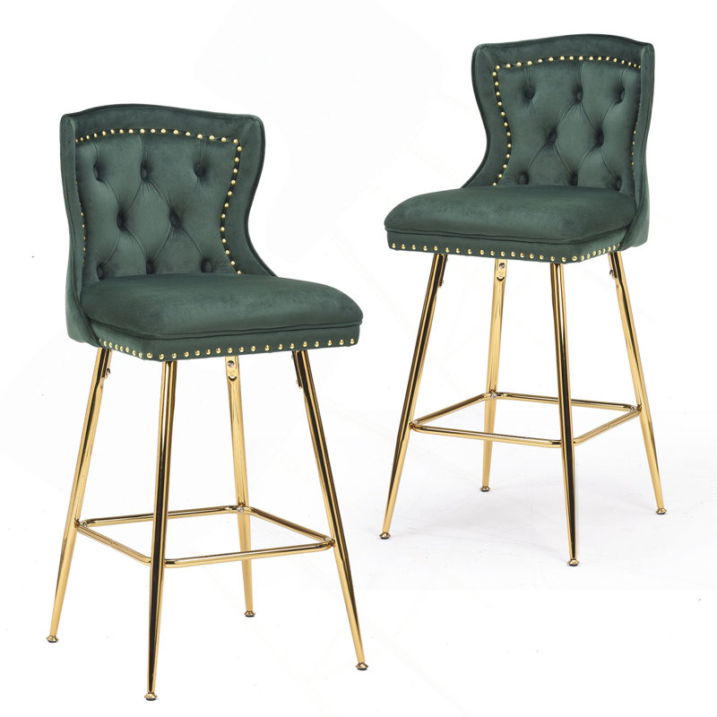Bar Stools Set Of 2, Velvet Counter Height Bar Stools With Metal Legs, Button Tufted And Nailheads Trim, Wing-Back Bar Chairs For Kitchen Island Dining Room Pub