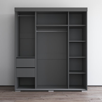 Jelinek 71" Modern Wardrobe with Adjustable Shelves, Hanging Rod, Glass Fronts with Mirror