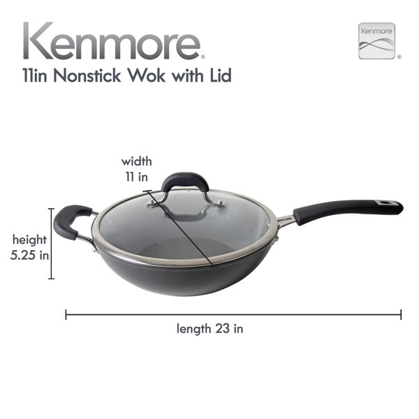 Kenmore Eugene 13-Inch Cast Aluminum Wok w/ Lid - Matte Black