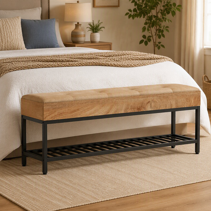 Banc à chaussures 55 po avec coussin, banc d'entrée à 2 niveaux avec structure en métal