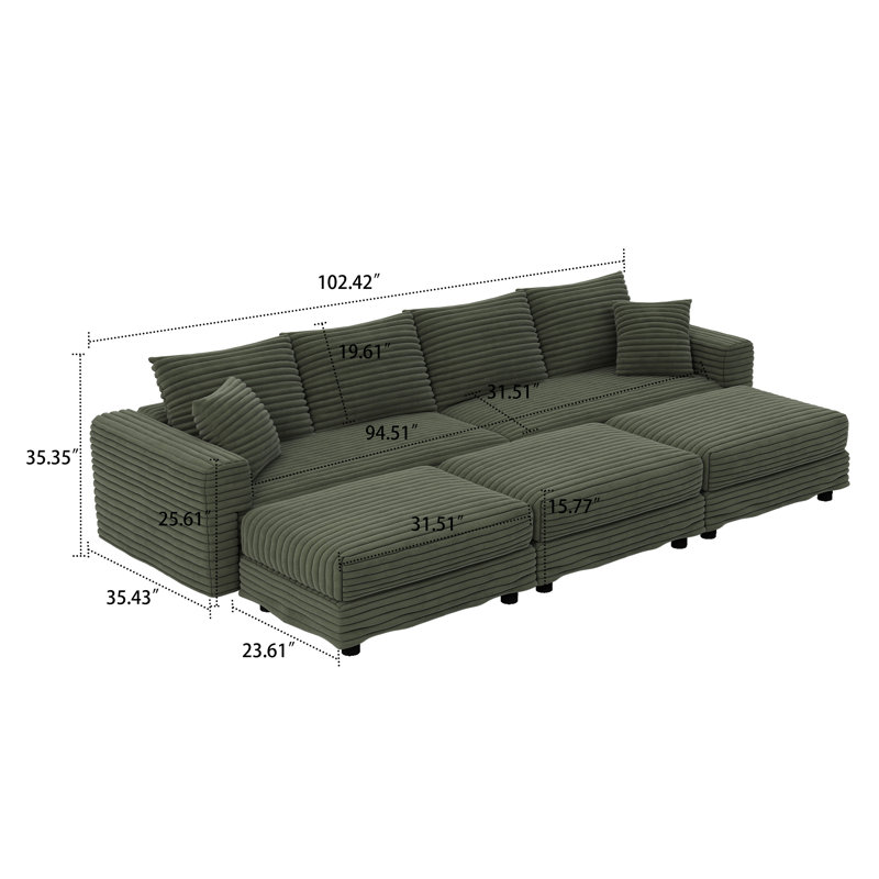 Canapé modulaire moderne en velours côtelé 4 places avec 3 repose-pieds, H 35,35 po x l 102,42 po x P 66,94 po, Vert