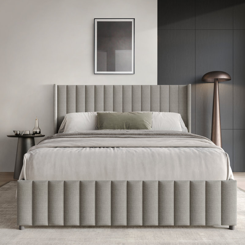 PLATE-FORME WINGBack pleine grandeur, lit de rangement surélevé en lin gris, Lit double, Gris
