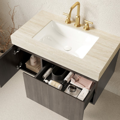Meuble-lavabo flottant de 36 po avec lavabo, armoire de rangement en contreplaqué, comptoir en pierre frittée, lavabo en céramique, 3 trous de robinet, pré-assemblé, finition, roulement de charge de 300 lb avec plateau, percé, ouverture lisse