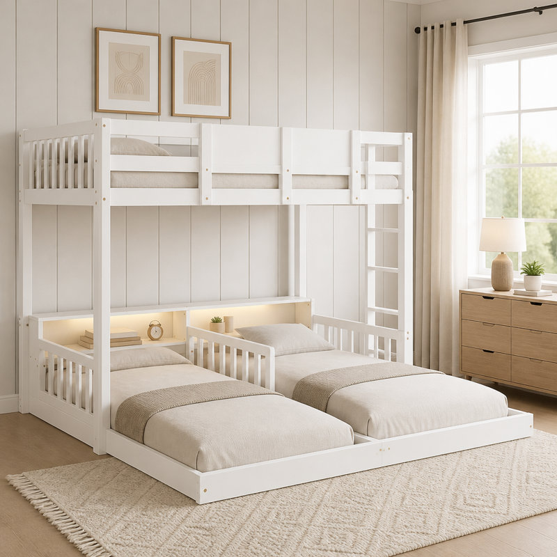 Triple Bunk Bed with Storage Shelves, Blanc
