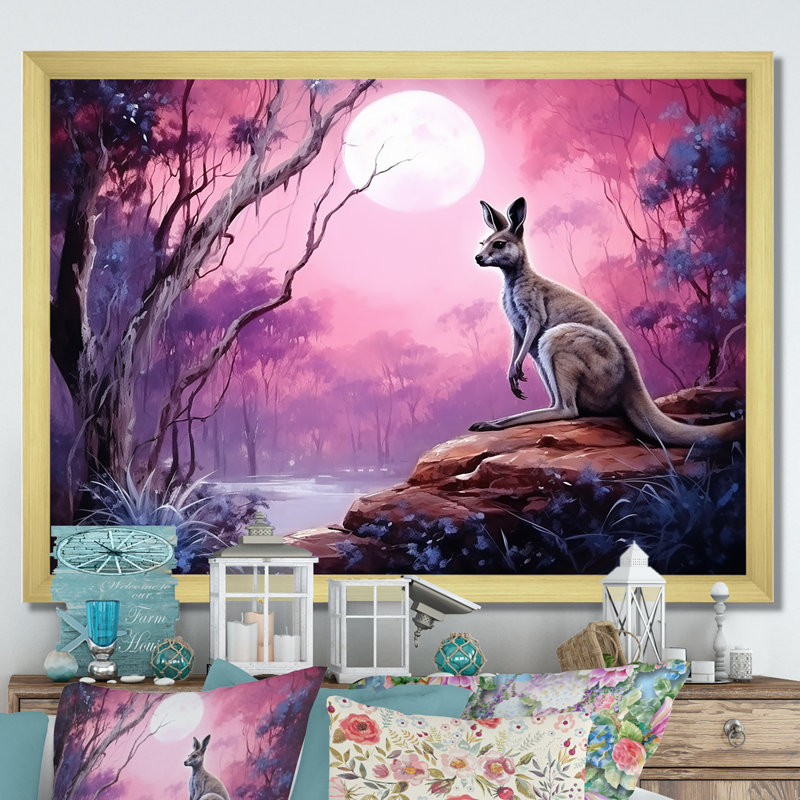 Paysage de kangourou au clair de lune I, Cadre doré simple, H 24 po x l 32 po x P 1 po