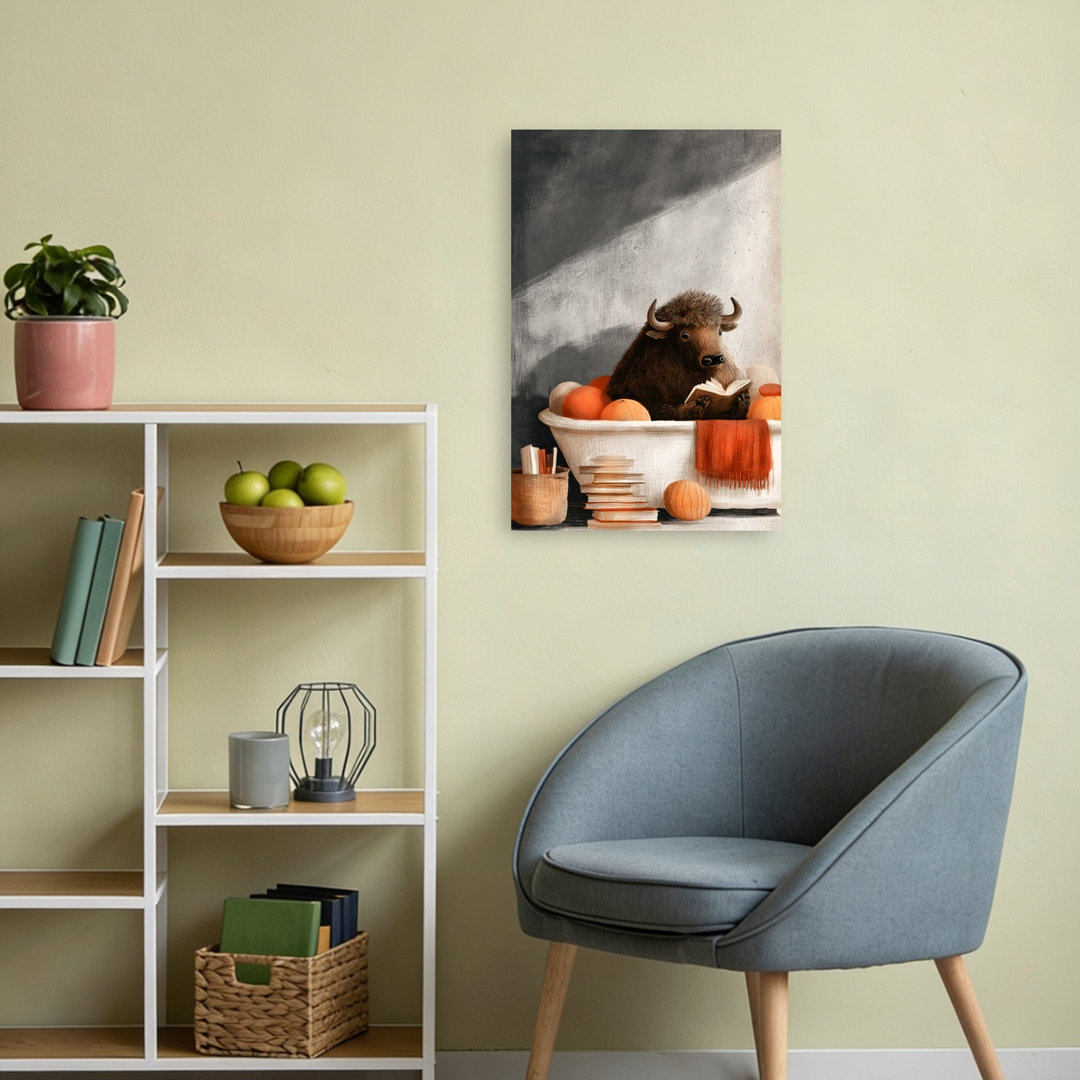 Reading Bison Bath Peaceful Whimsical Contemporary Bison Animal Autumn Wall Art Print