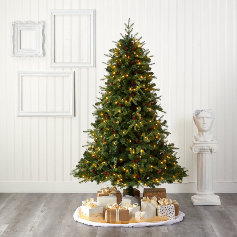 Arbre de Noël artificiel épinette vert avec lumières claires/blanches, H 7 pi