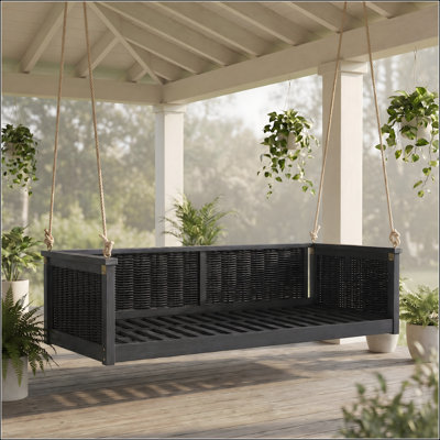 Sturdy Acacia Wood Twin Size Outdoor Swing Bed with Handwoven Rattan, Ideal for Backyard and Poolside Relaxation