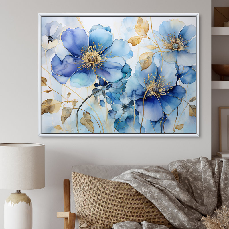 Bleu et or violettes ornées, H 16 po x l 32 po x P 1 po, Cadre flottant blanc