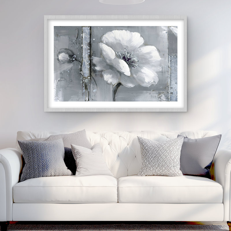 Fleurs grises et blanches - impression encadrée industrielle avec passe-partout