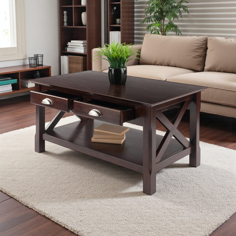 Table basse à 2 tiroirs avec tablette au fini cappuccino Aiyana, H 17,87 po x l 36,78 po x P 20,87 po
