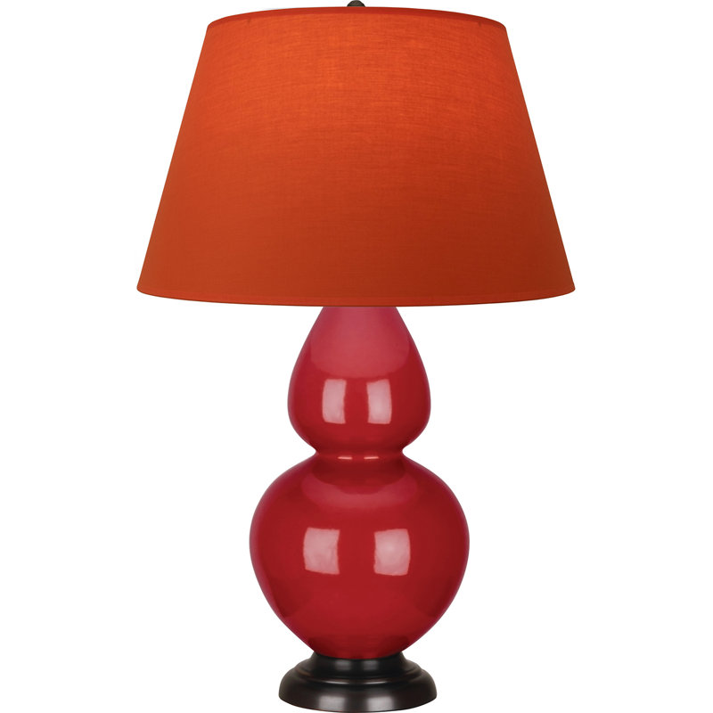 Lampe de table double gourde en céramique, Tangerine / doublure taupe, Rouge rubis émaillé / bronze, Bronze