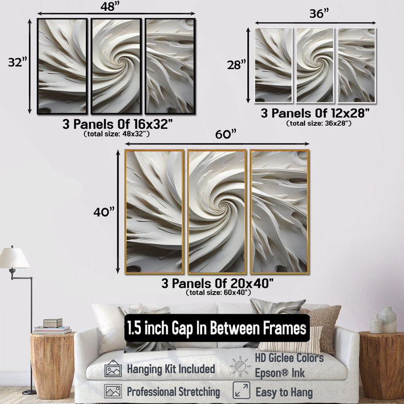«White Majestic Motion I - Abstract Spirals», ensemble d'art mural, H 32 po x l 48 po x P 1 po, Cadre flottant blanc
