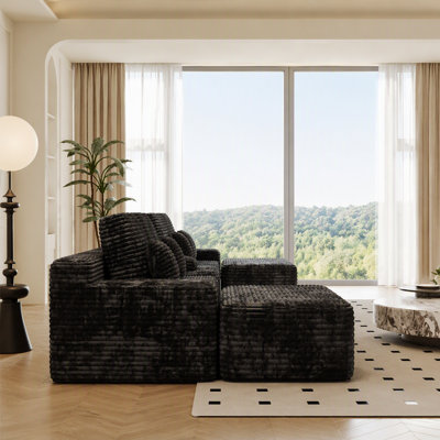 150''Width 5-piece Sectional Sofa with 2 Ottomans,Comfy U-shaped Sofa Couch for Living Room,BLACK Plush Corduroy Fabric